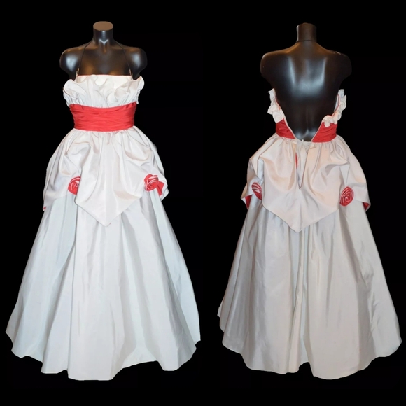 Mike Benet Vintage 80s White & Red Taffeta Ball Gown Party Prom Dress 12 - Picture 1 of 1